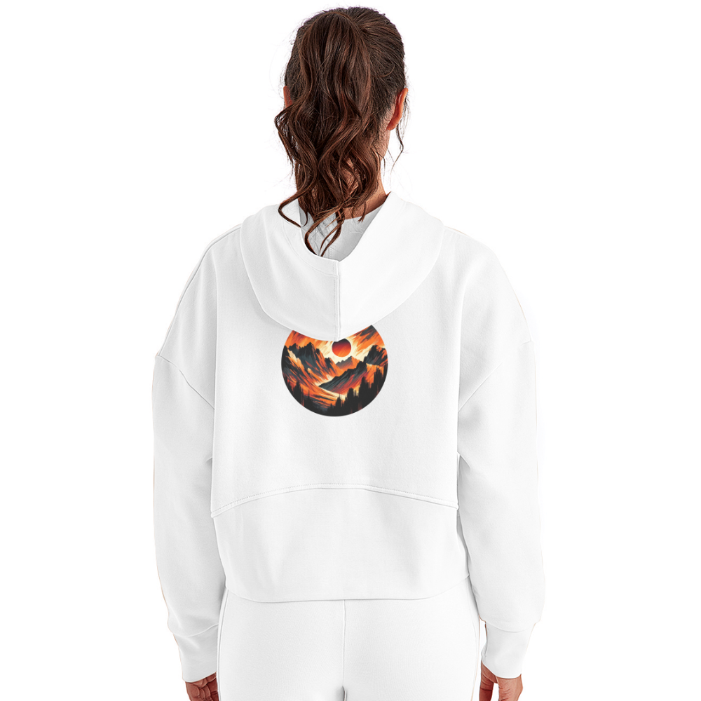 Women's Orange and Black Mountain Range Graphic Half Zip Cropped Hoodie with Logo - white