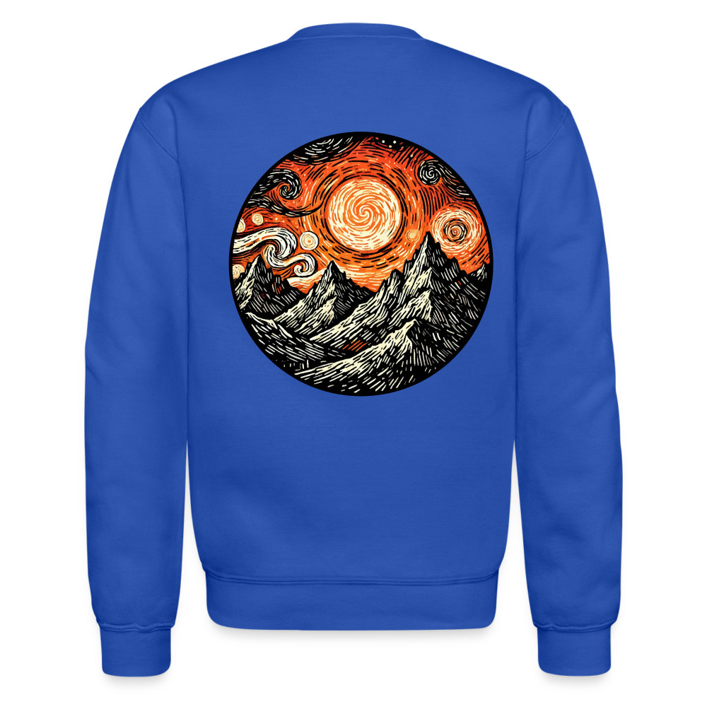 Orange Swirling Mountains Graphic Crewneck Sweatshirt with Logo - royal blue