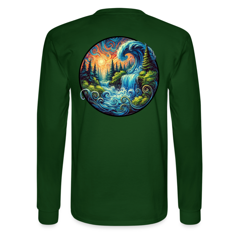 Men's Waterfall Graphic Long Sleeve Shirt with Logo - forest green