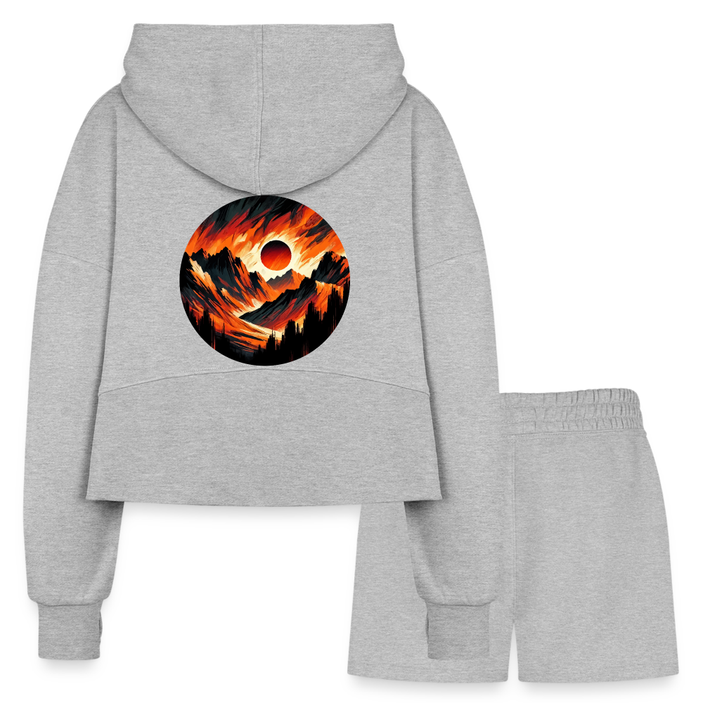 Women’s Orange and Black Mountain Range Graphic Half Zip Cropped Hoodie & Jogger Short Set with Logo - heather gray