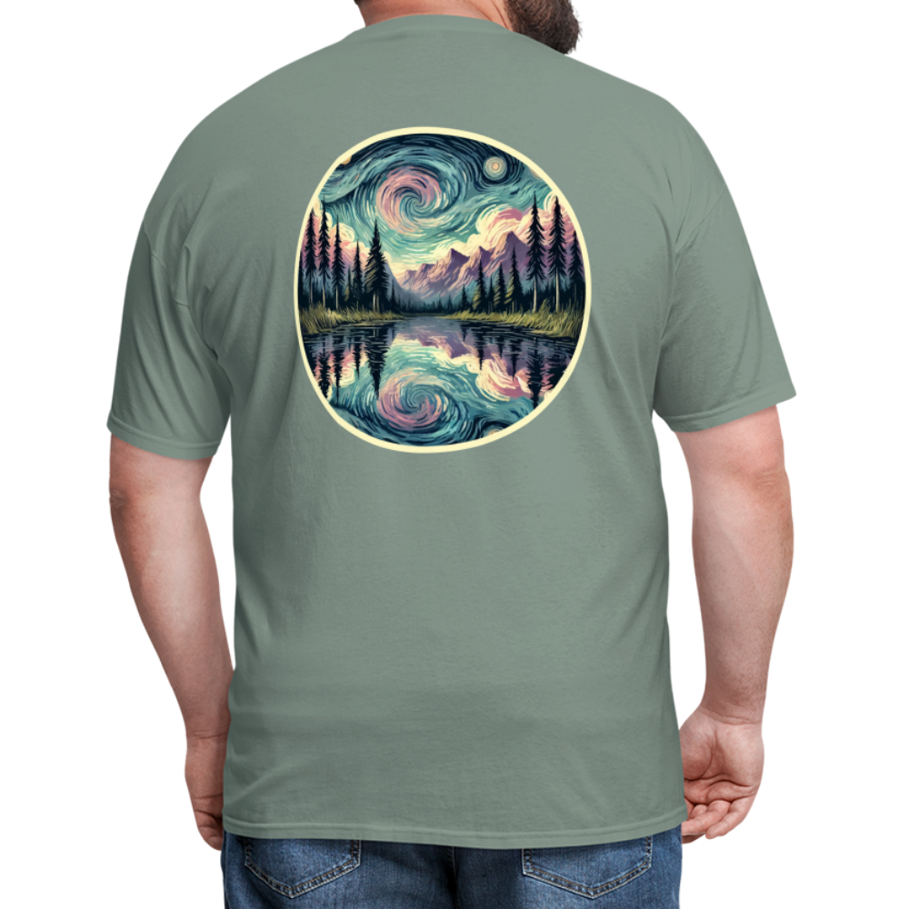 Purple Swirling Sky Reflected on Lake Graphic Unisex Classic T-Shirt with Logo - sage