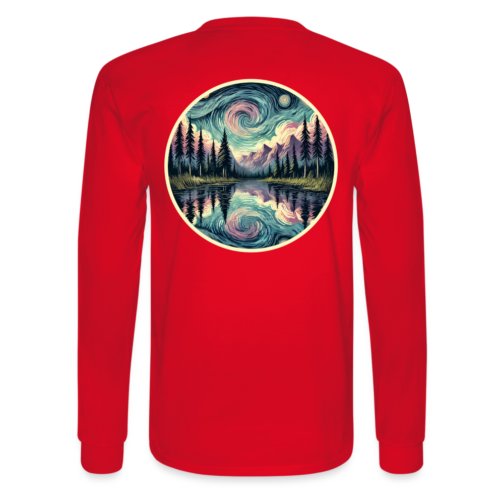 Men's Purple Swirling Sky Reflected on Lake Graphic Long Sleeve Shirt with Logo - red