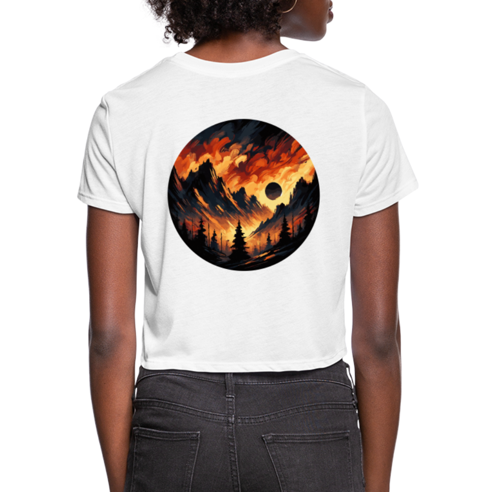 Women's Brushed Orange and Black Mountain Range Graphic Cropped T-Shirt with Logo - white