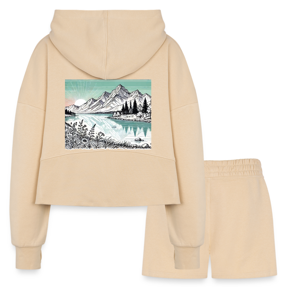 Women’s Colored Mountain Lake Landscape Graphic Half Zip Cropped Hoodie & Jogger Short Set with Logo - nude