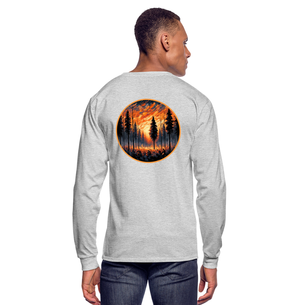 Men's Orange Forest Sunset Graphic Long Sleeve Shirt with Logo - heather gray