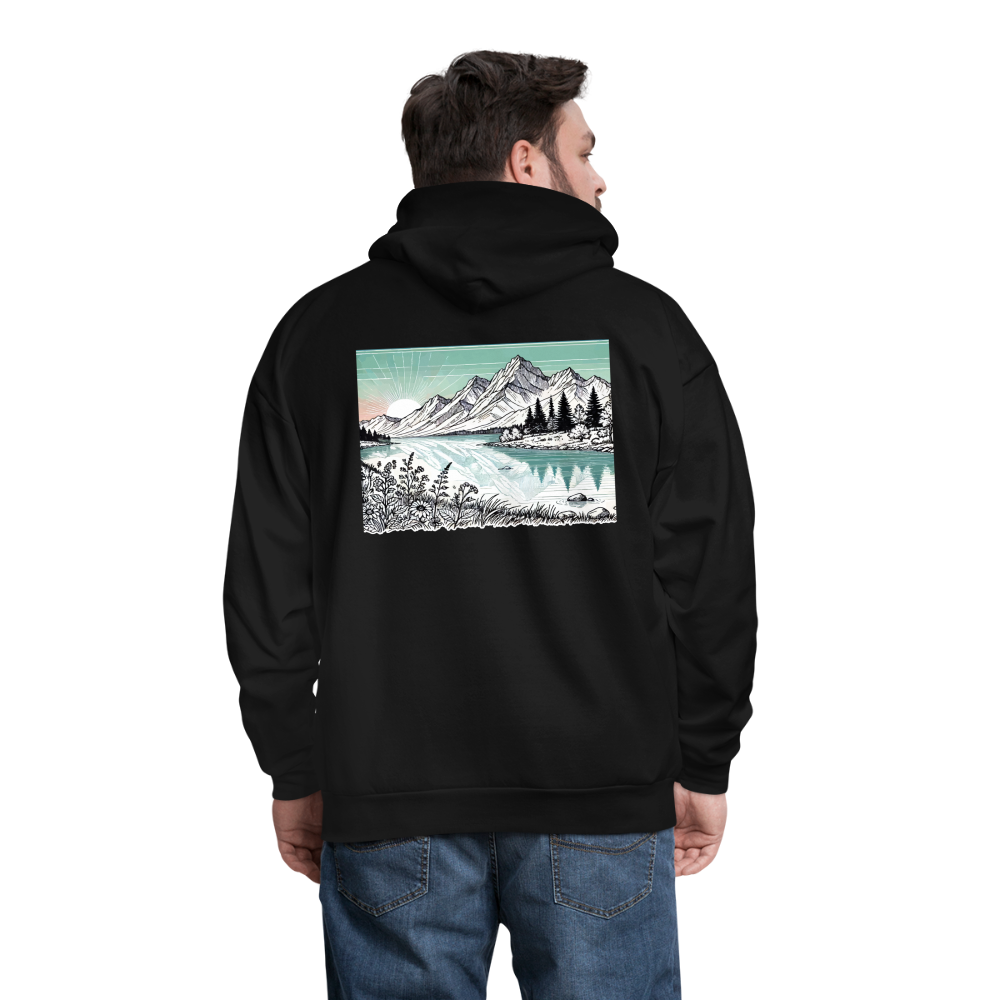 Men's Colored Mountain Lake Landscape Graphic Hoodie with Logo - black