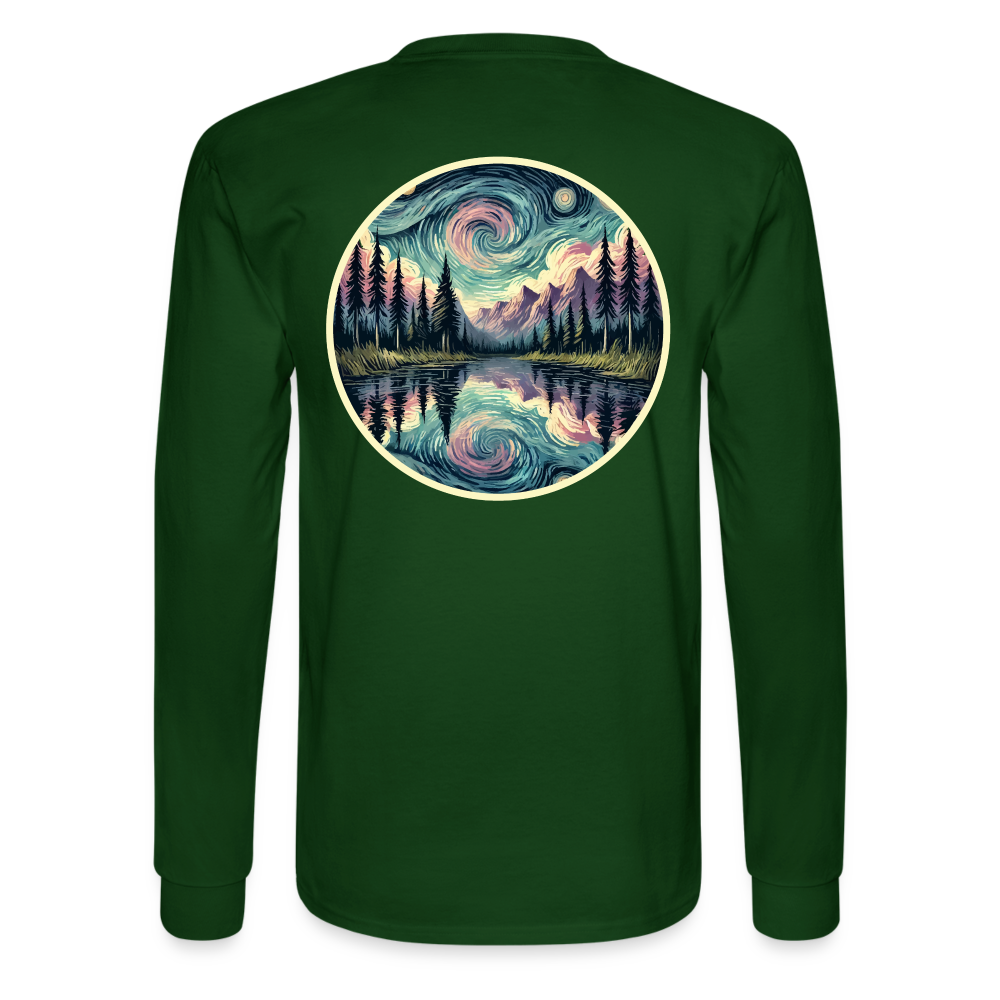 Men's Purple Swirling Sky Reflected on Lake Graphic Long Sleeve Shirt with Logo - forest green