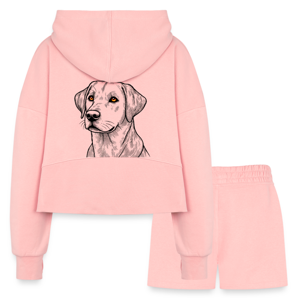 Women’s Fine Line Labrador Graphic Half Zip Cropped Hoodie & Jogger Short Set with Logo - light pink