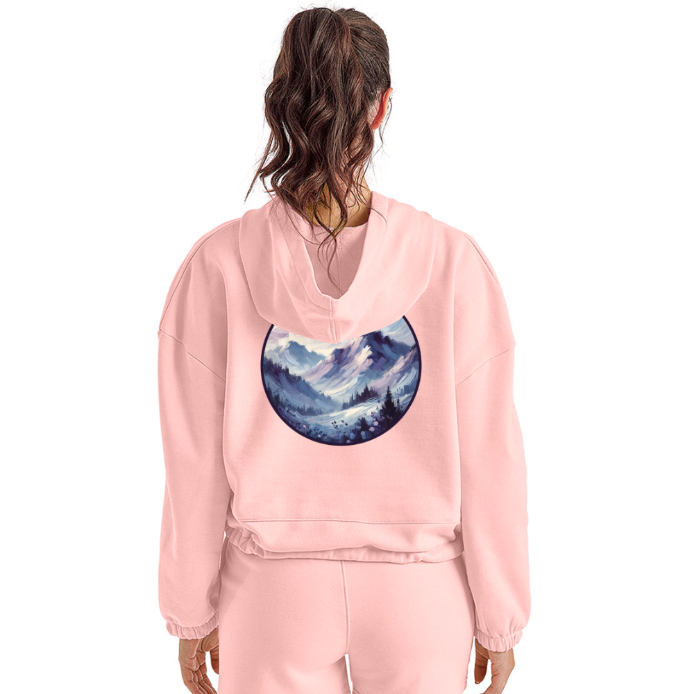 Women’s Lavender Blue Mountain Range Graphic Cropped Hoodie with Logo - light pink