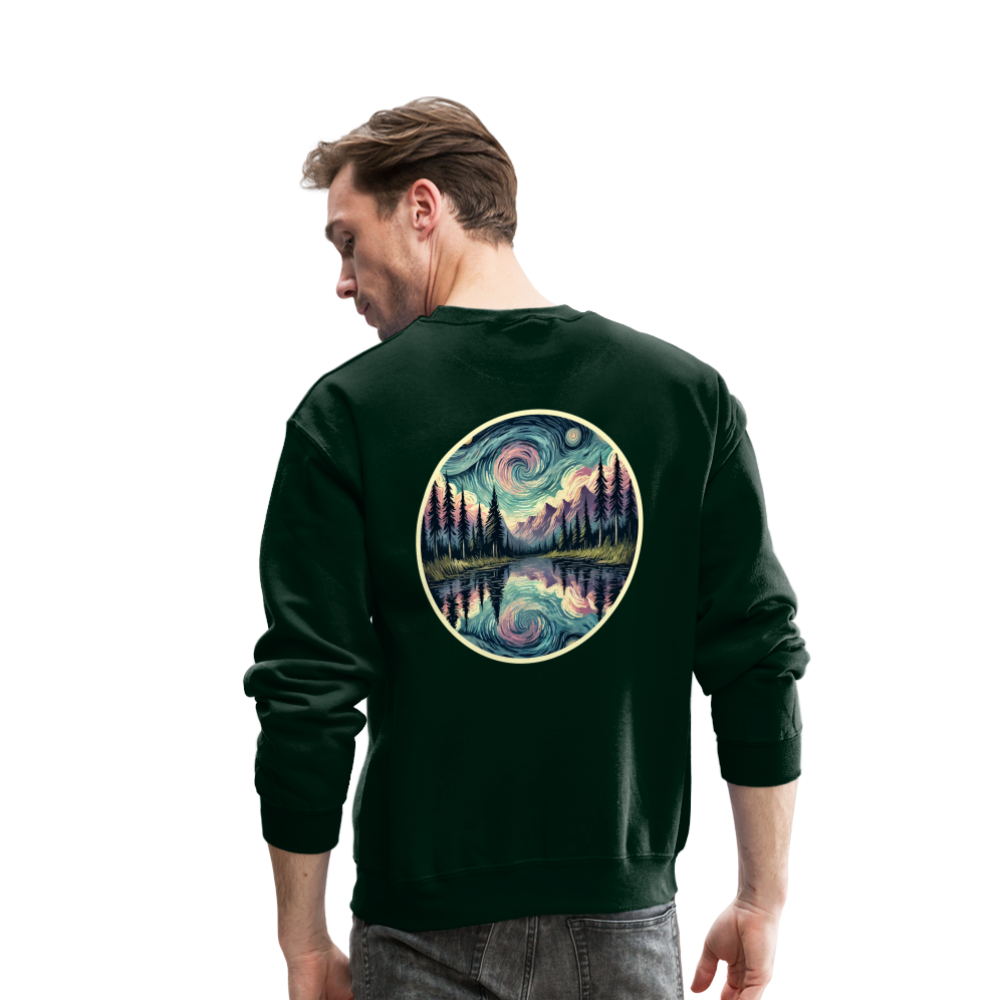 Purple Swirling Sky Reflected on Lake Graphic Crewneck Sweatshirt with Logo - forest green