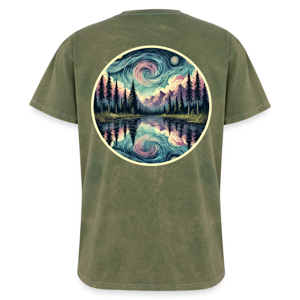 Purple Swirling Sky Reflected on Lake Graphic Unisex Mineral Wash T-shirt with Logo - mineral green