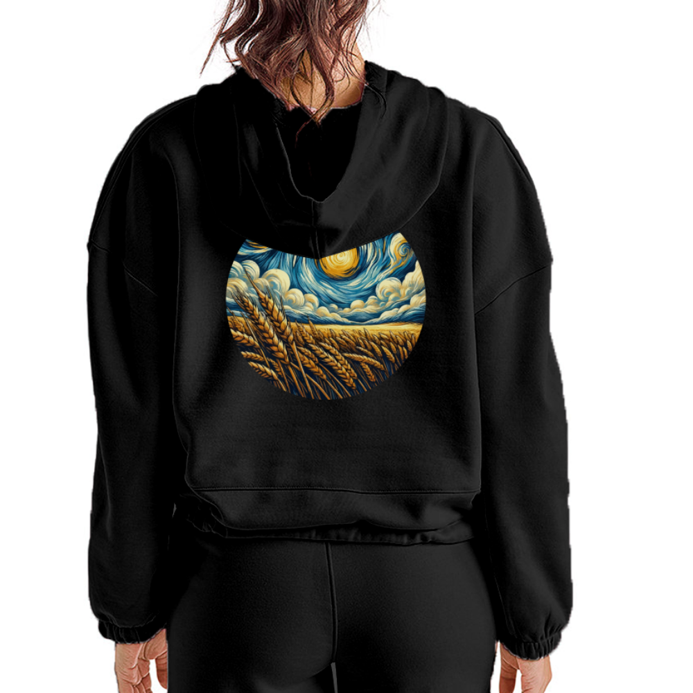 Women’s Wheat Field Graphic Cropped Hoodie with Logo - black