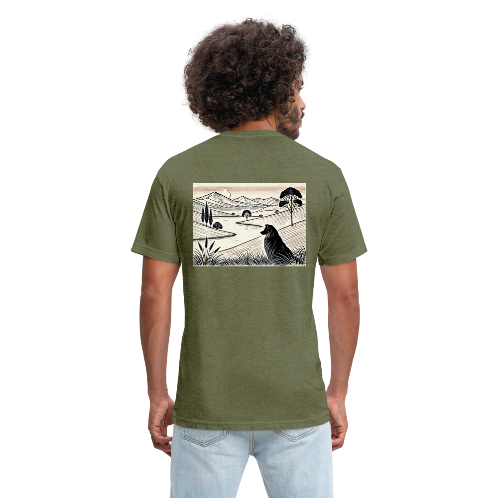 Australian Shepherd Prairie Graphic Unisex Fitted Cotton/Poly T-Shirt with Logo - heather military green