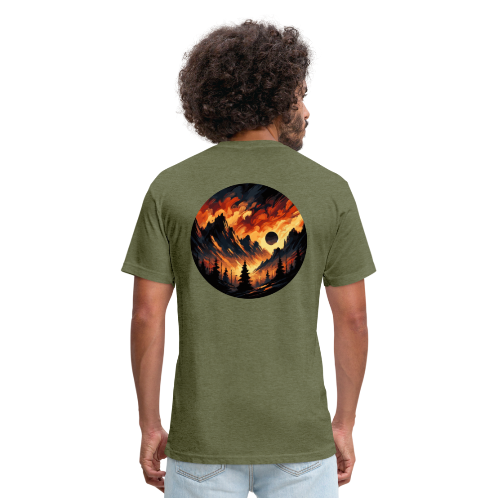 Brushed Orange and Black Mountain Range Graphic Unisex Fitted Cotton/Poly T-Shirt with Logo - heather military green