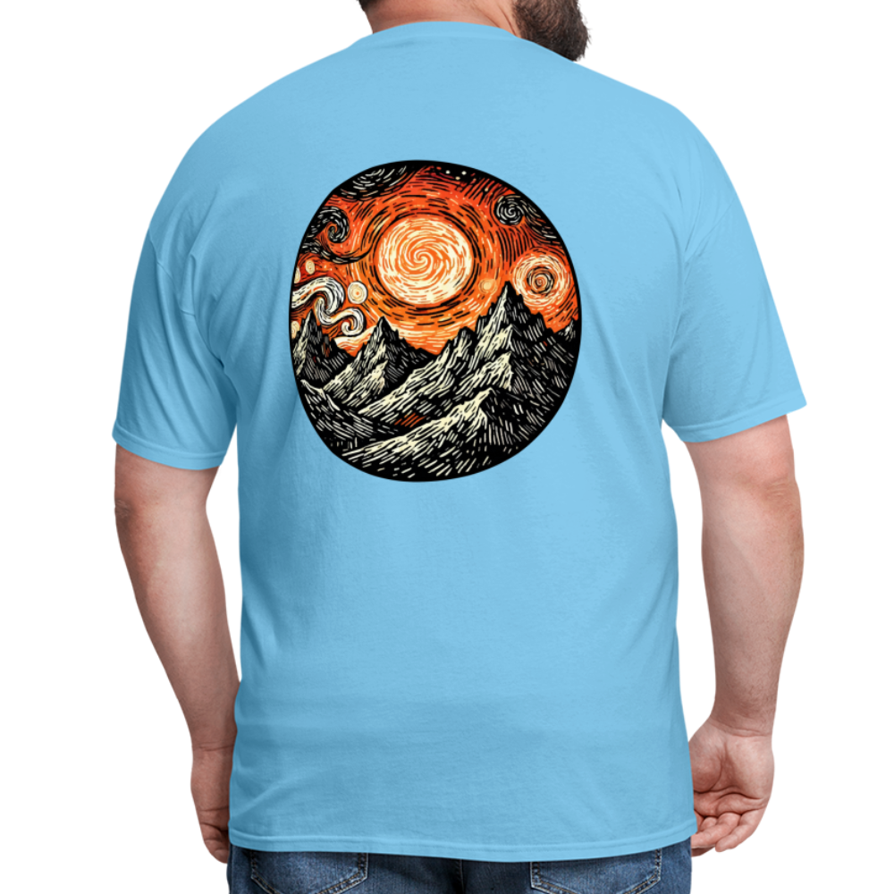 Orange Swirling Mountains Graphic Unisex Classic T-Shirt with Logo - aquatic blue