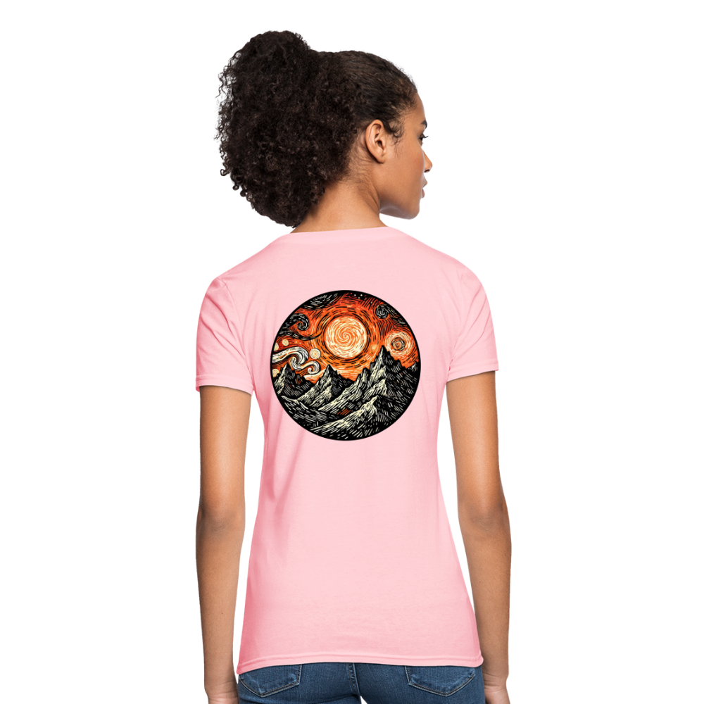 Women's Orange Swirling Mountains Graphic T-Shirt with Logo - pink