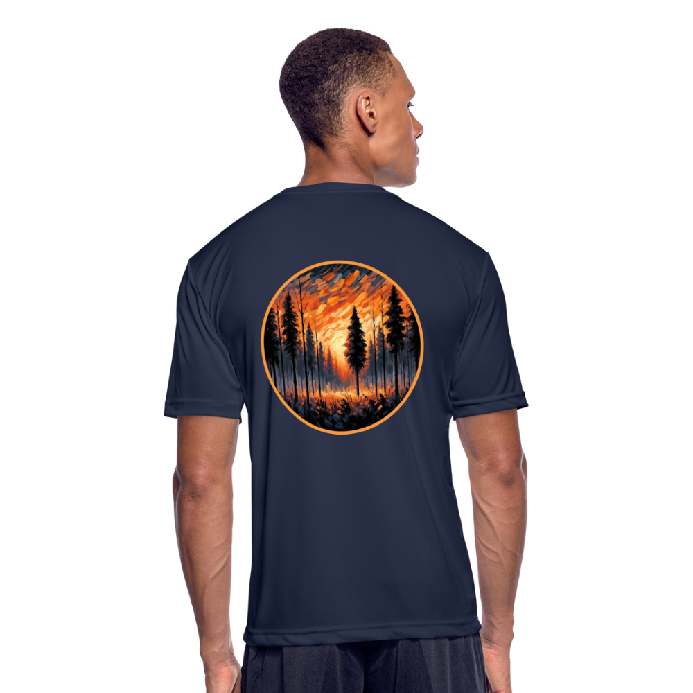 Men’s Orange Forest Sunset Graphic Moisture Wicking Performance T-Shirt with Logo - navy