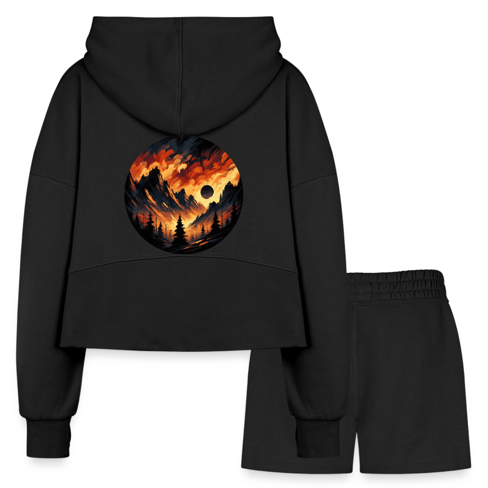 Women’s Brushed Orange and Black Mountain Range Graphic Half Zip Cropped Hoodie & Jogger Short Set with Logo - black