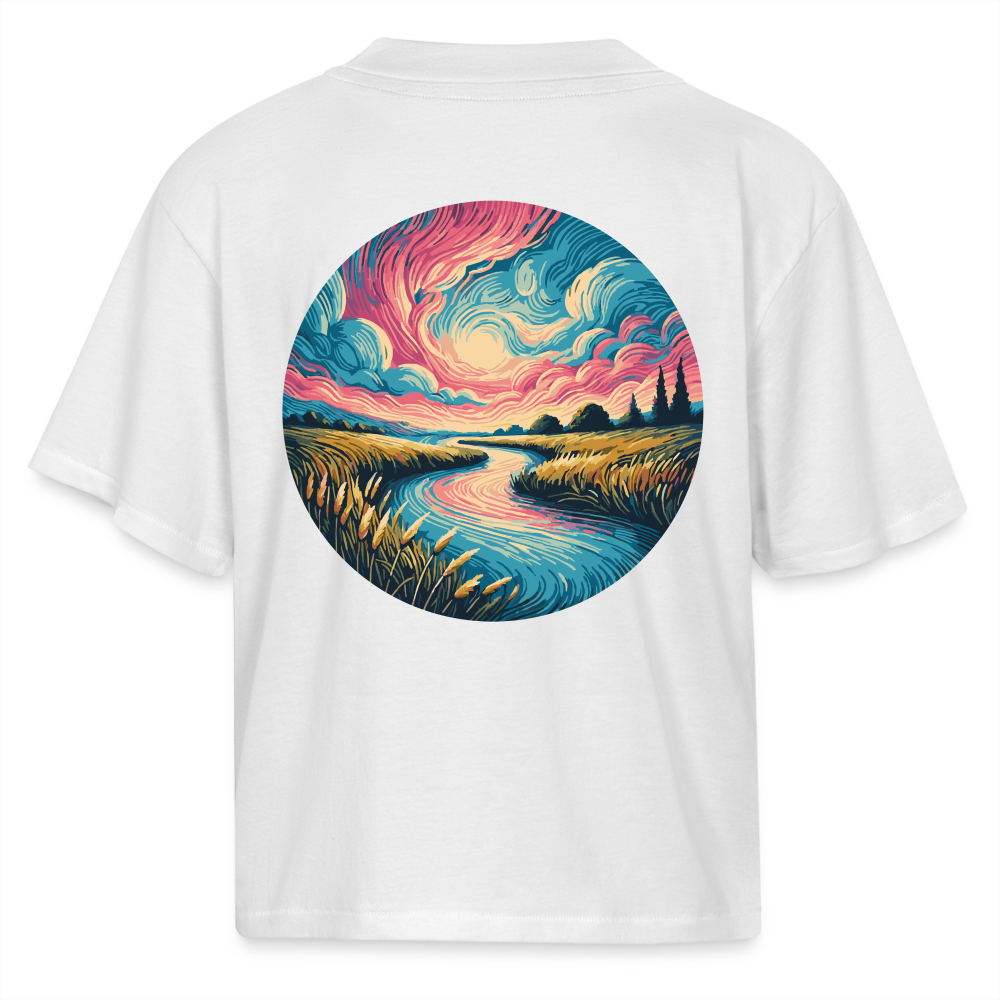 Women's River Pink and Blue Sky Graphic Boxy Tee with Logo - white