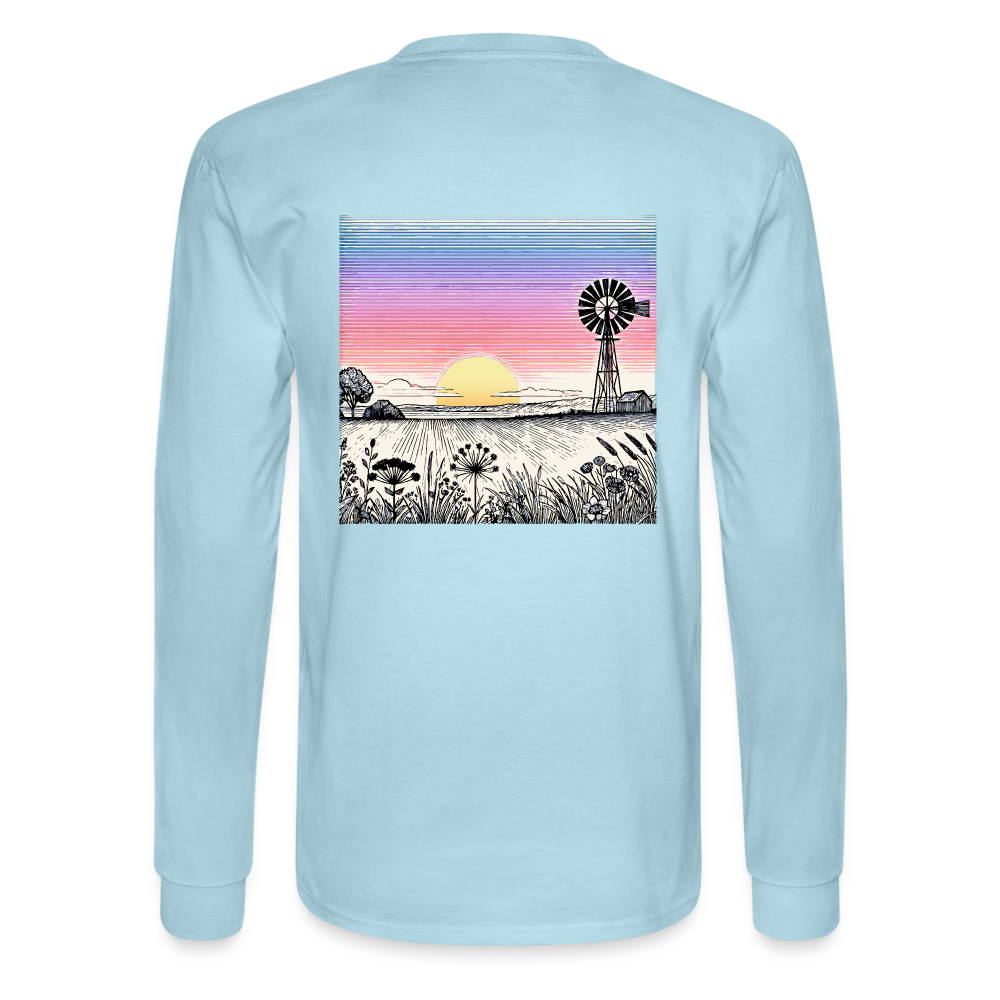 Men's Colored Prairie Landscape Graphic Long Sleeve Shirt with Logo - powder blue