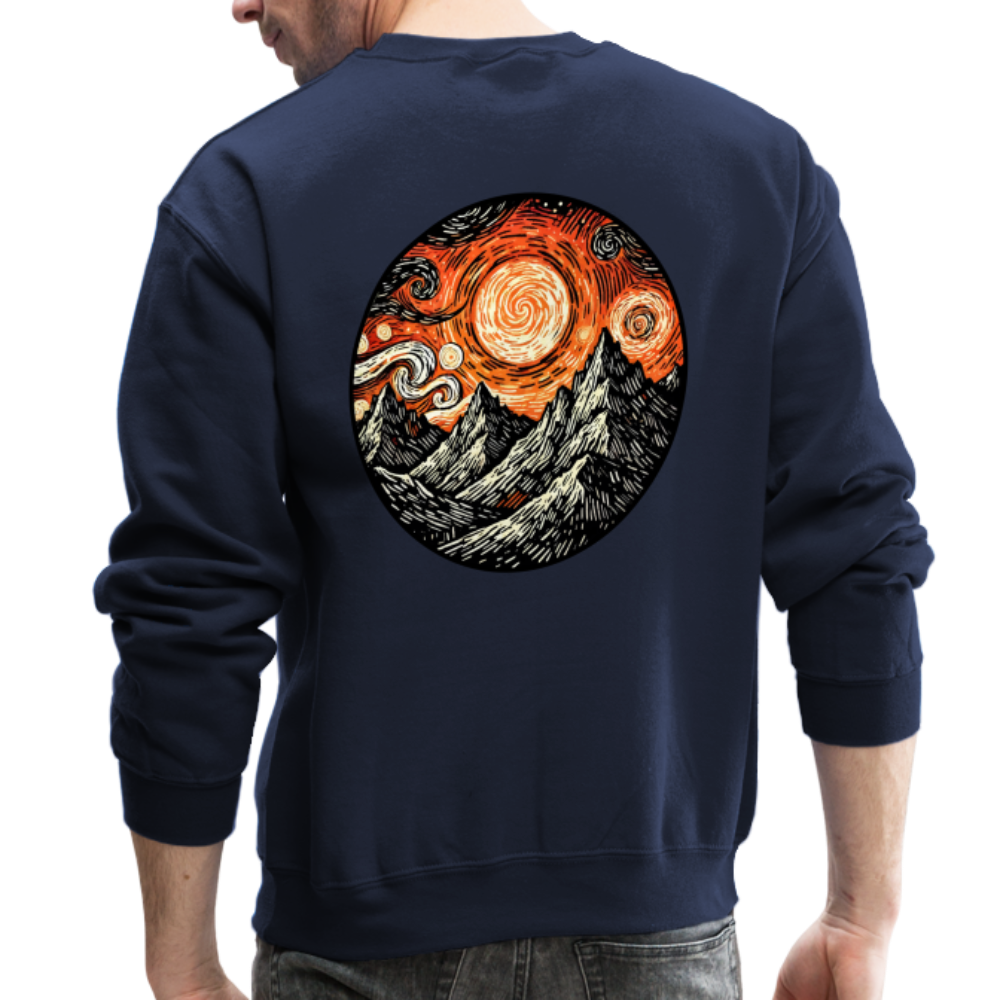 Orange Swirling Mountains Graphic Crewneck Sweatshirt with Logo - navy