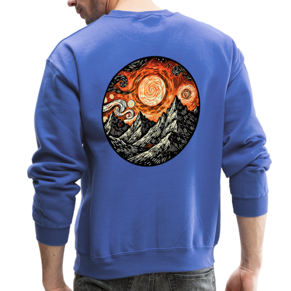 Orange Swirling Mountains Graphic Crewneck Sweatshirt with Logo - royal blue