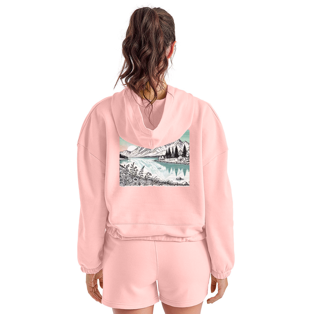 Women’s Colored Mountain Lake Landscape Graphic Cropped Hoodie with Logo - light pink