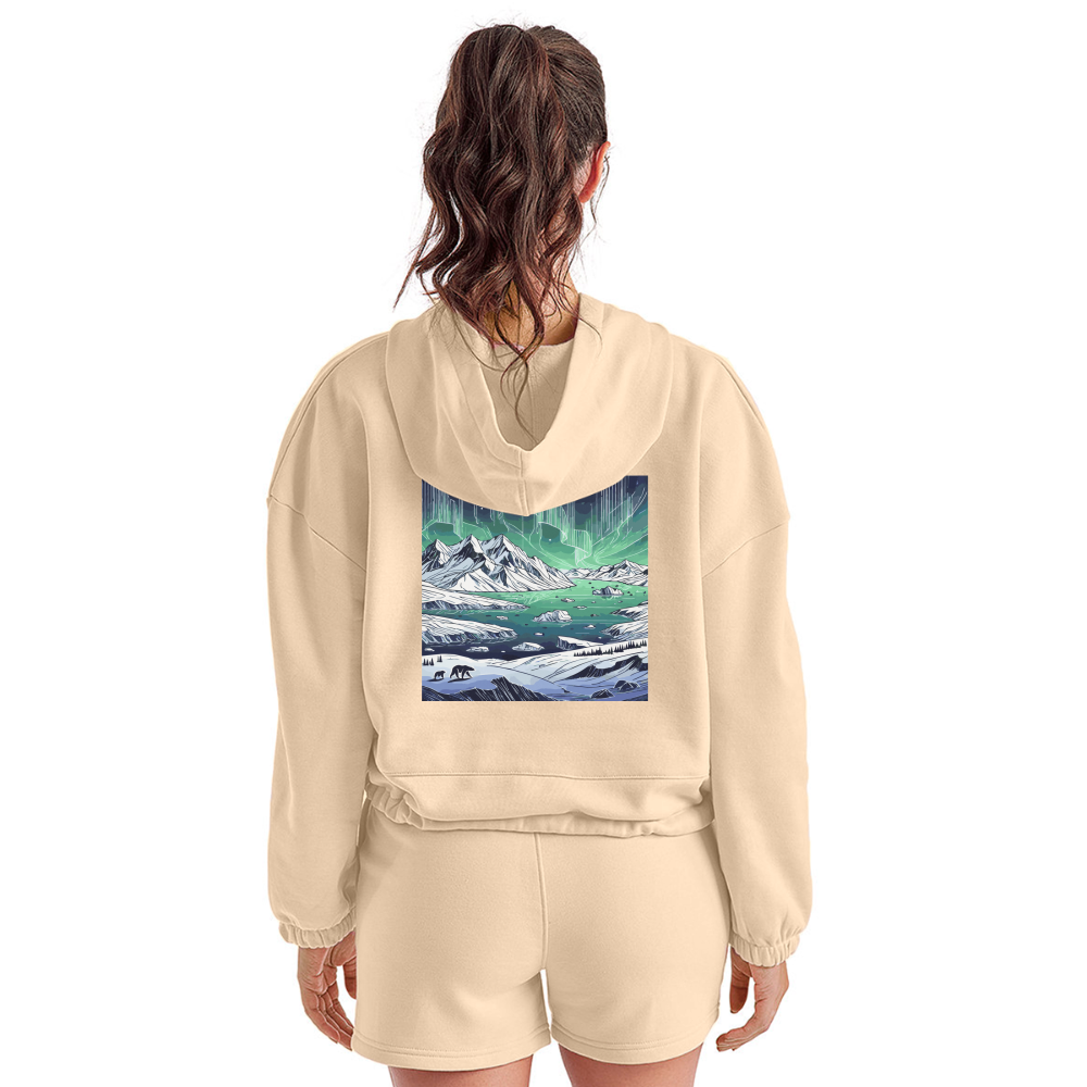 Women’s Colored Northern Lights Arctic Landscape Graphic Cropped Hoodie with Logo - nude