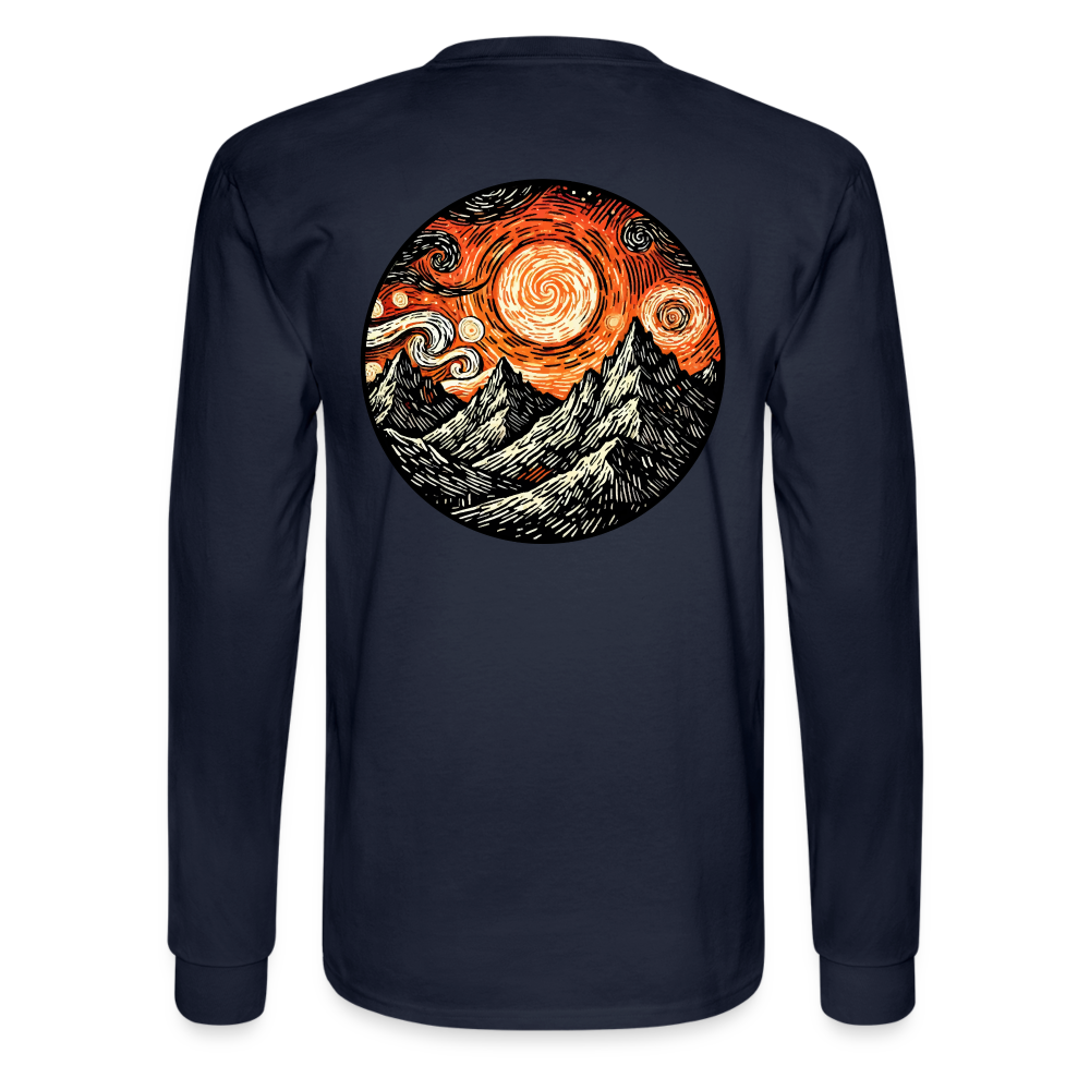 Men's Orange Swirling Mountains Graphic Long Sleeve Shirt with Logo - navy