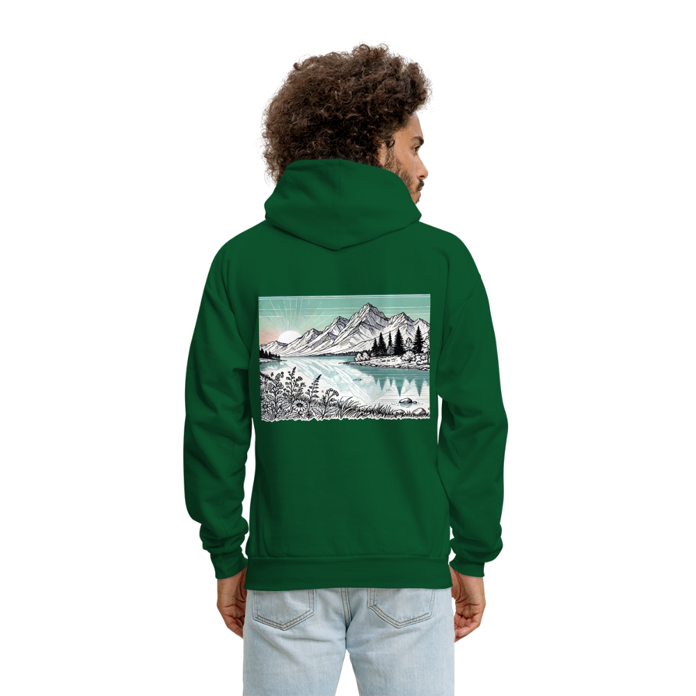 Men's Colored Mountain Lake Landscape Graphic Hoodie with Logo - forest green