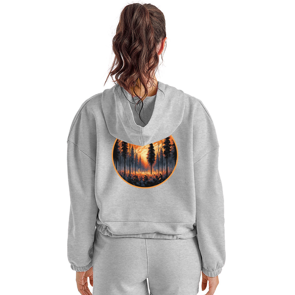 Women’s Orange Forest Sunset Graphic Cropped Hoodie with Logo - heather gray