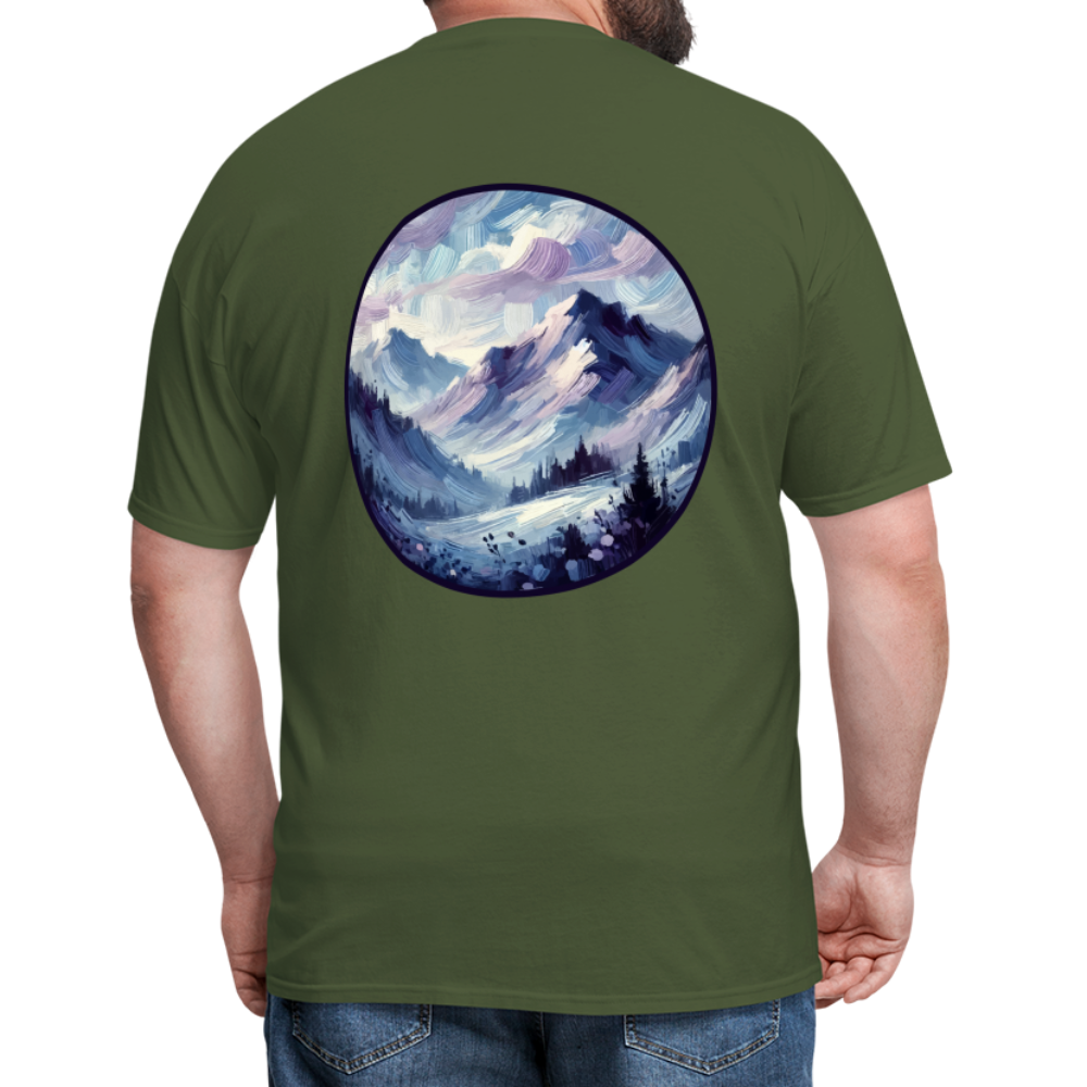 Lavender Blue Mountain Range Unisex Classic T-Shirt with Logo - military green