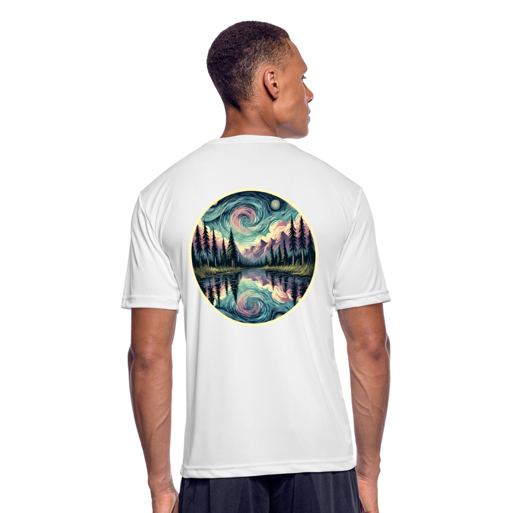 Men’s Purple Swirling Sky Reflected on Lake Graphic Moisture Wicking Performance T-Shirt with Logo - white