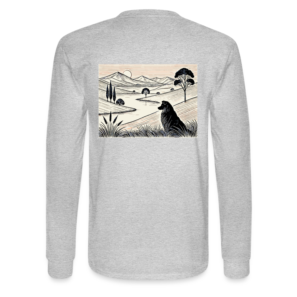 Men's Australian Shepherd Prairie Graphic Long Sleeve Shirt with Logo - heather gray