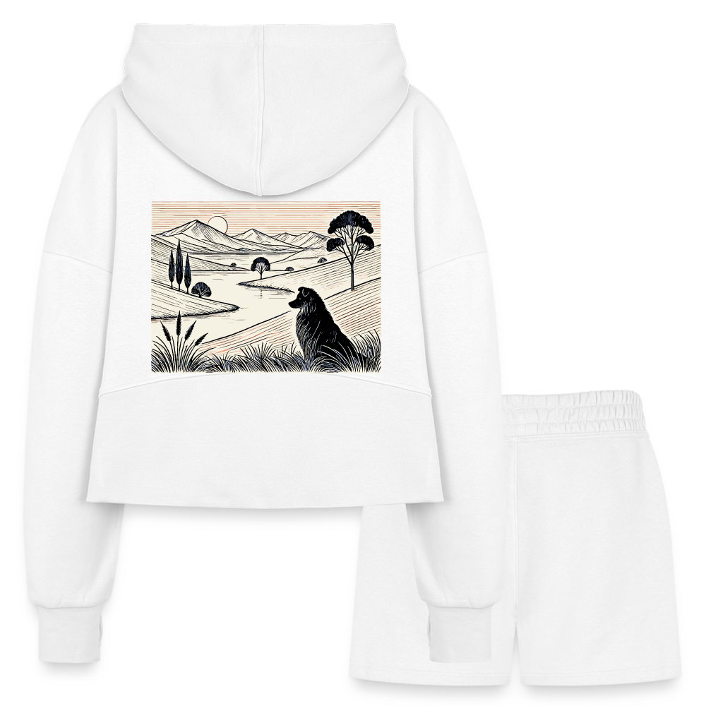 Women’s Australian Shepherd Prairie Graphic Half Zip Cropped Hoodie & Jogger Short Set with Logo - white