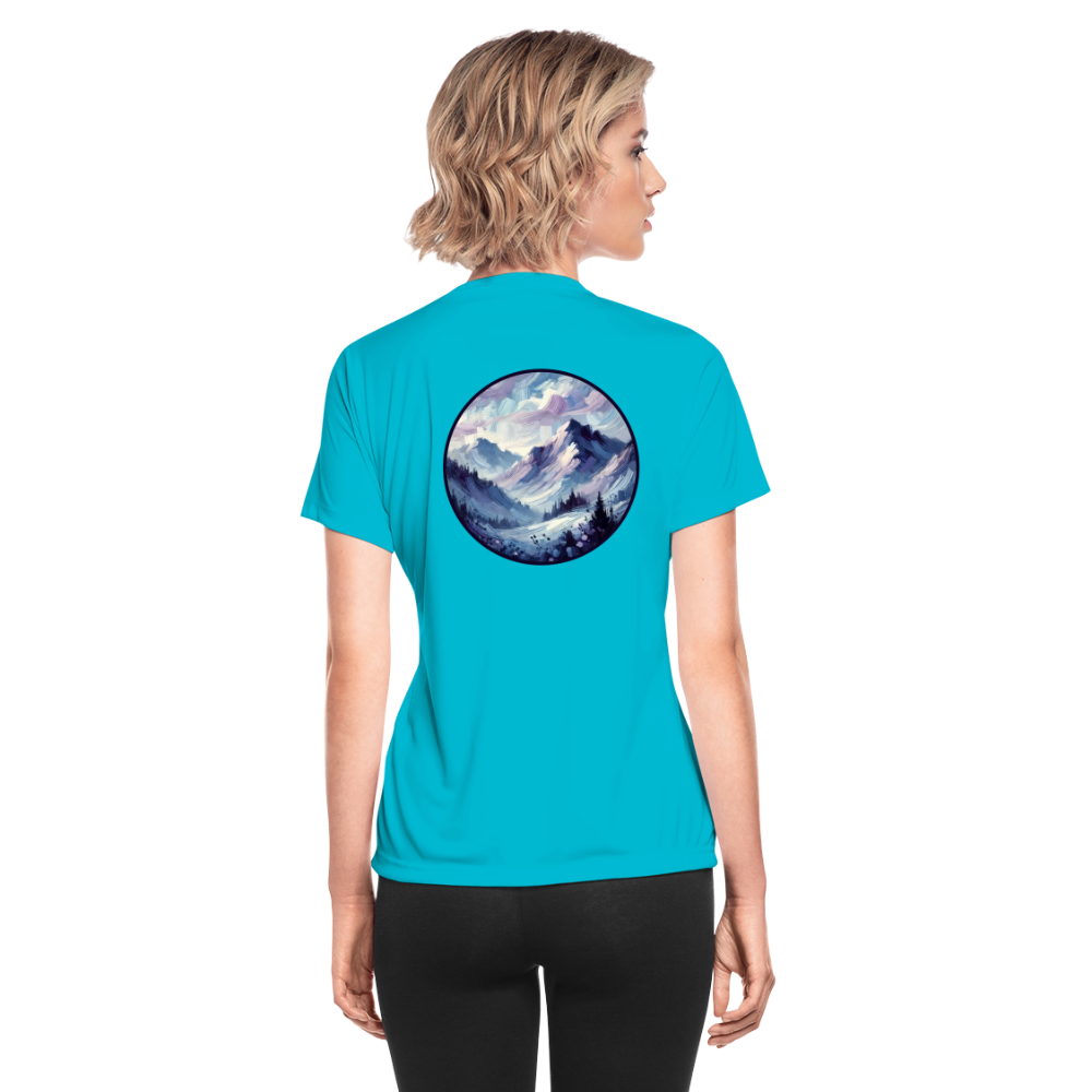 Women's Lavender Blue Mountain Range Graphic Moisture Wicking Performance T-Shirt with Logo - turquoise