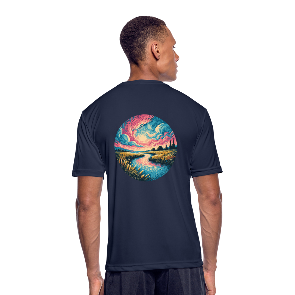 Men’s River Pink and Blue Sky Graphic Moisture Wicking Performance T-Shirt with Logo - navy