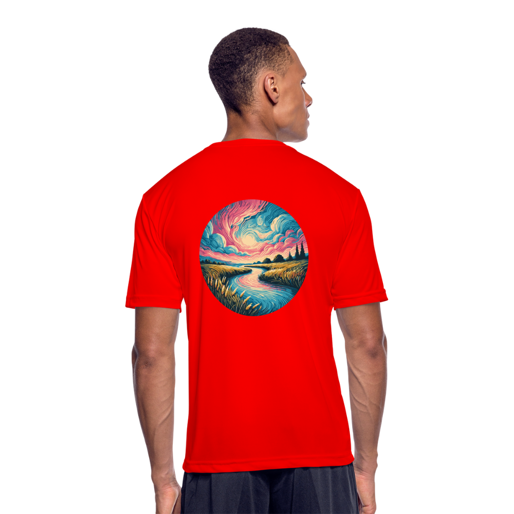 Men’s River Pink and Blue Sky Graphic Moisture Wicking Performance T-Shirt with Logo - red