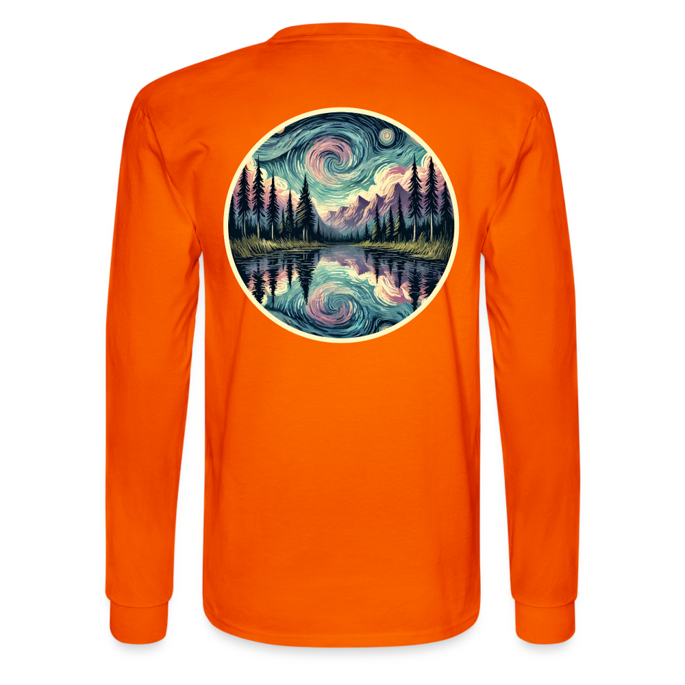 Men's Purple Swirling Sky Reflected on Lake Graphic Long Sleeve Shirt with Logo - orange