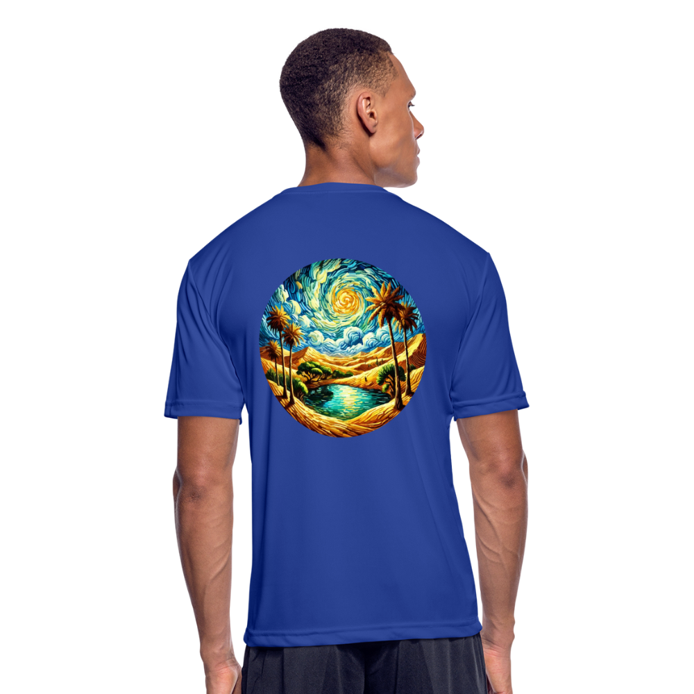 Men’s Desert Oasis Graphic Moisture Wicking Performance T-Shirt with Logo - royal blue