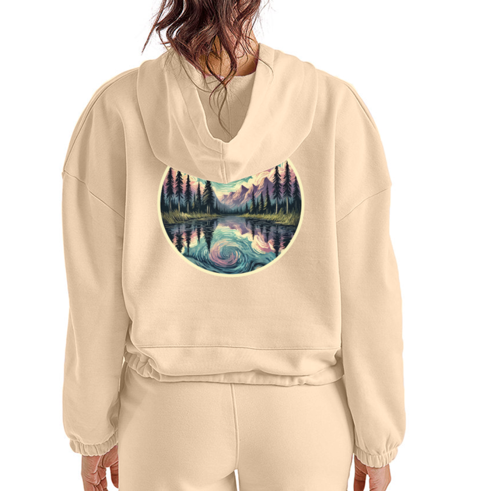 Women’s Purple Swirling Sky Reflected on Lake Graphic Cropped Hoodie with Logo - nude