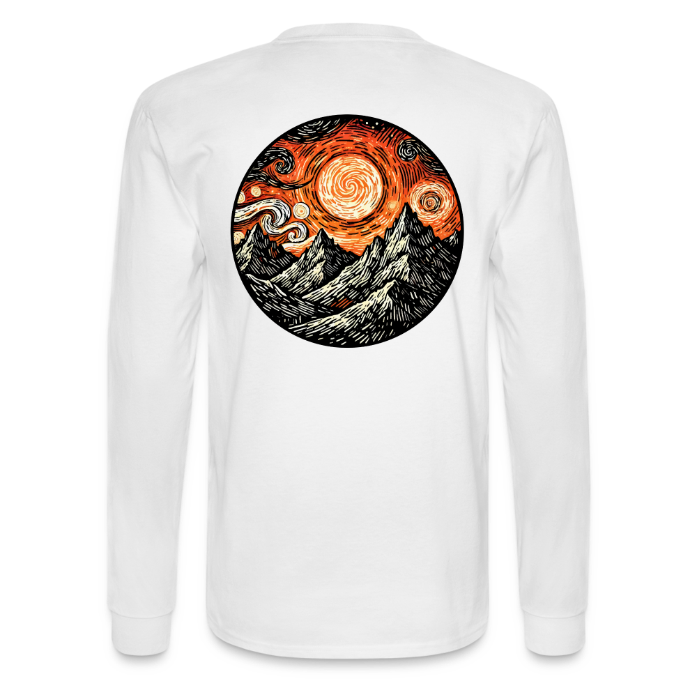 Men's Orange Swirling Mountains Graphic Long Sleeve Shirt with Logo - white