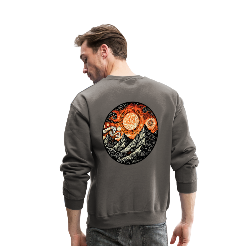 Orange Swirling Mountains Graphic Crewneck Sweatshirt with Logo - asphalt gray