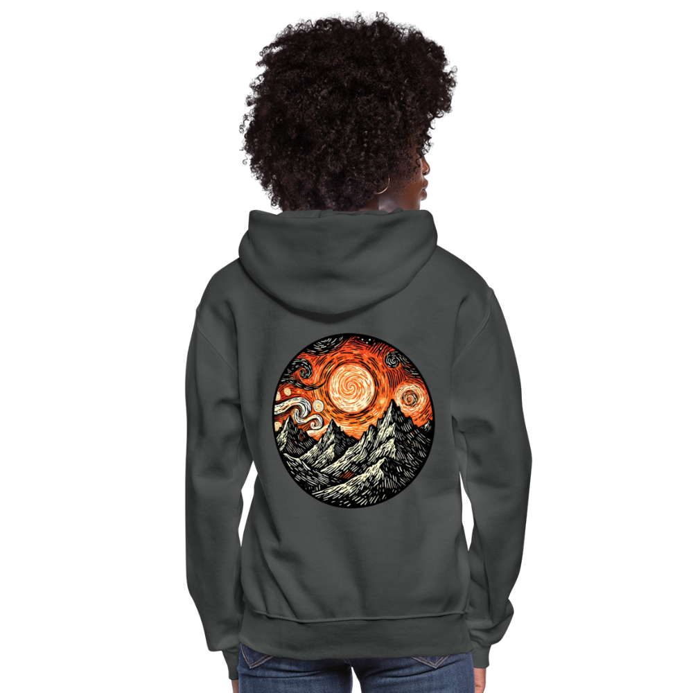 Women's Orange Swirling Mountains Graphic Hoodie with Logo - asphalt