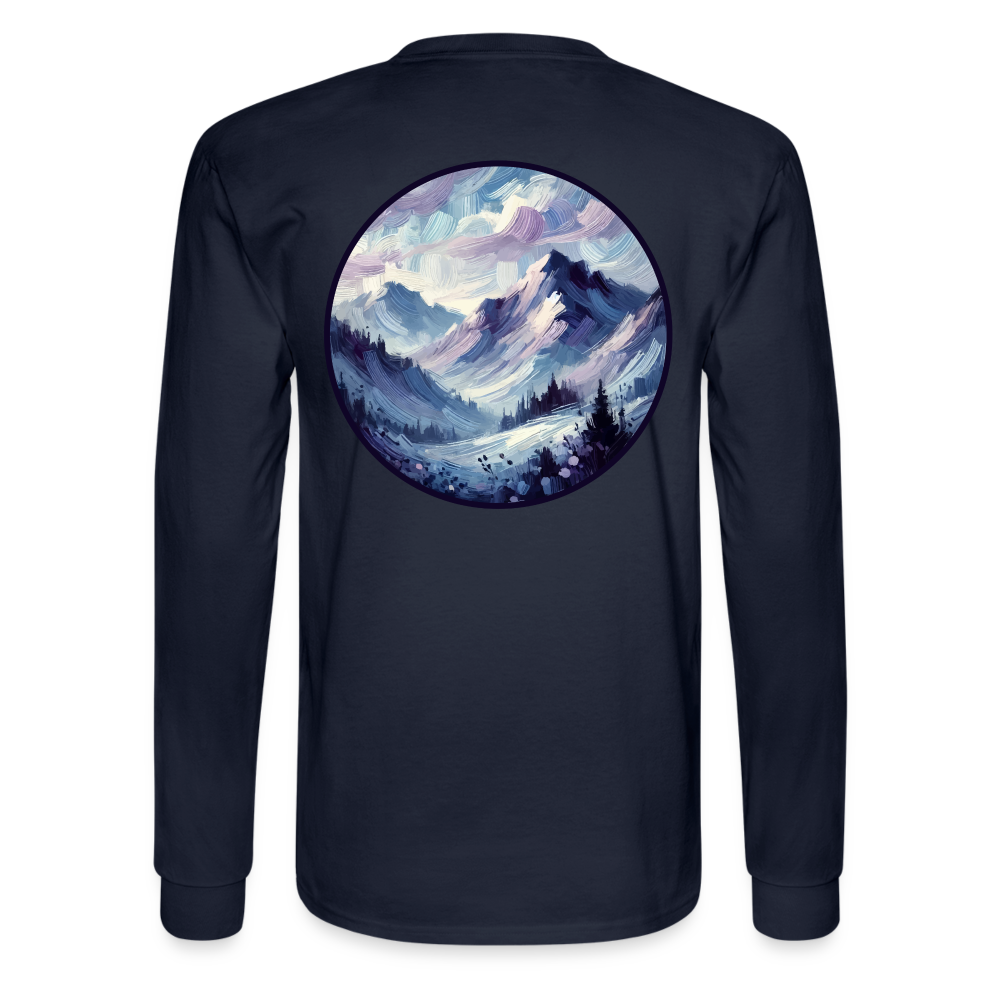 Men's Lavender Blue Mountain Range Graphic Long Sleeve Shirt with Logo - navy