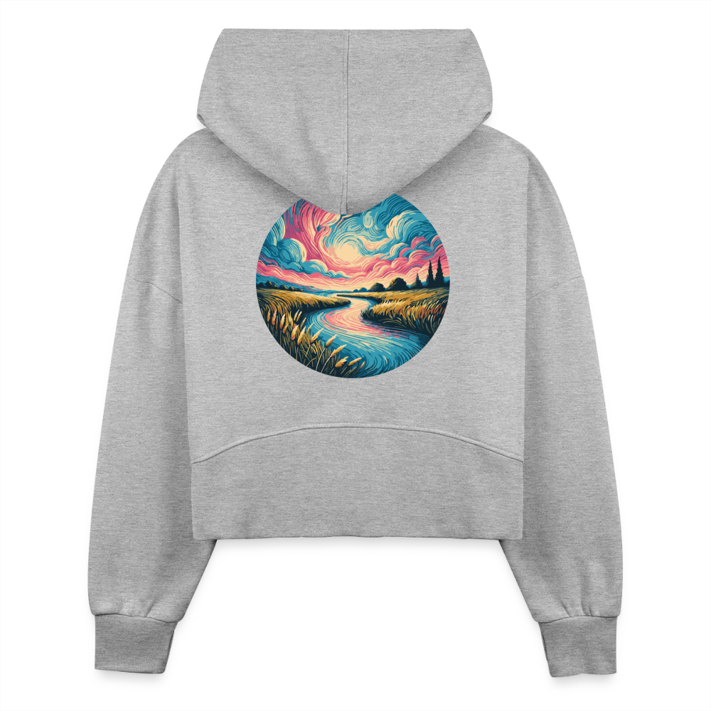 Women's River Pink and Blue Sky Graphic Half Zip Cropped Hoodie with Logo - heather gray