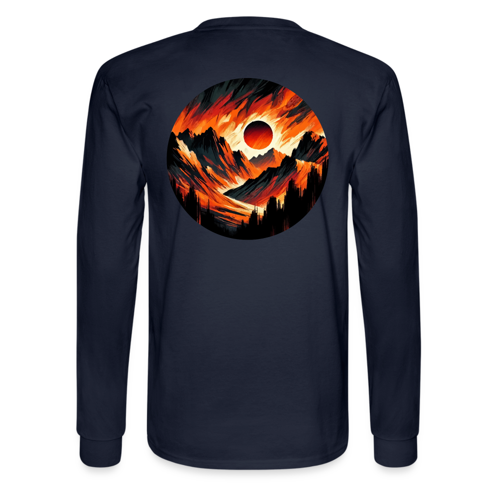 Men's Orange and Black Mountain Range Graphic Long Sleeve Shirt with Logo - navy