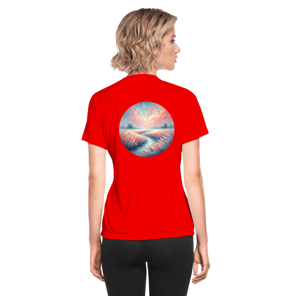 Women's River Meadow Graphic Moisture Wicking Performance T-Shirt with Logo - red