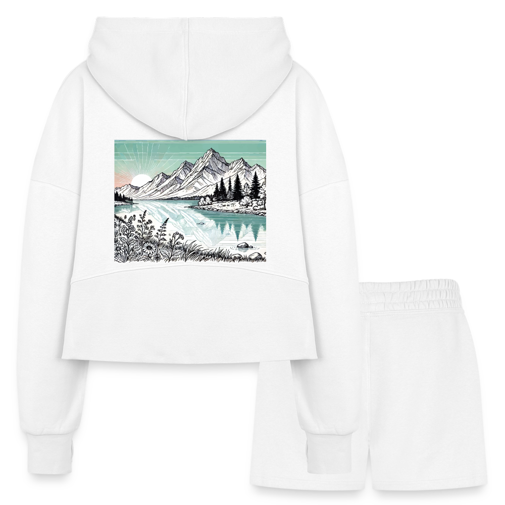 Women’s Colored Mountain Lake Landscape Graphic Half Zip Cropped Hoodie & Jogger Short Set with Logo - white