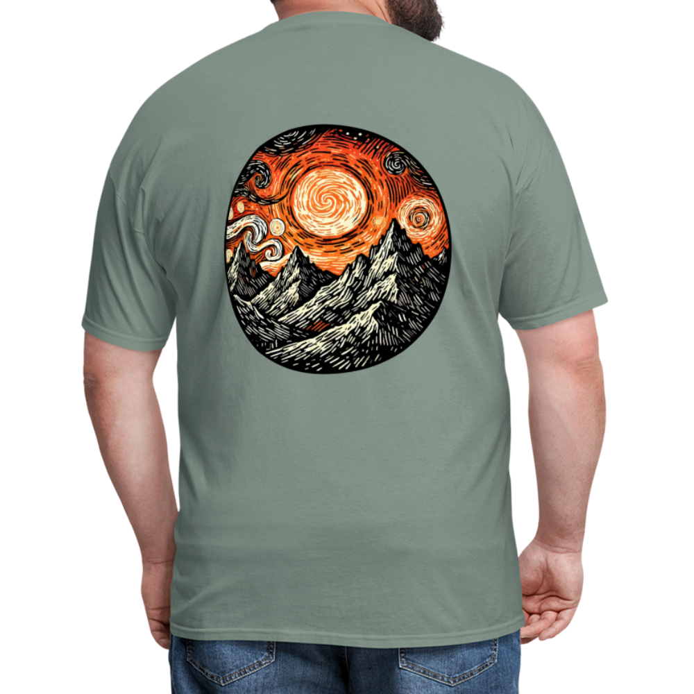 Orange Swirling Mountains Graphic Unisex Classic T-Shirt with Logo - sage